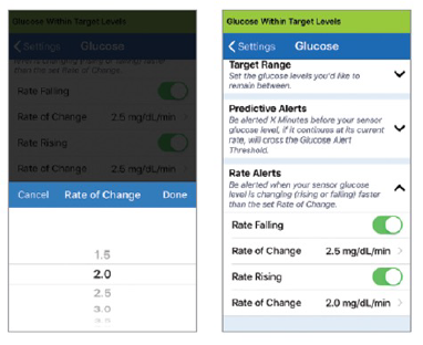 Two screens display glucose settings. Left: "Rate of Change" selection with options. Right: Alerts management with toggles and descriptions.
